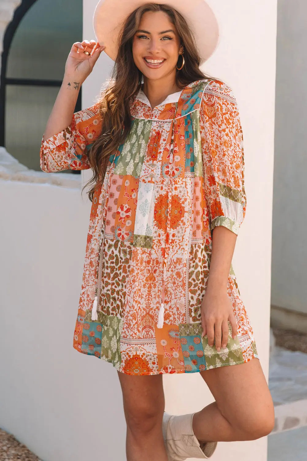 Orange Boho Paisley Mixed Print 3/4 Sleeve Chiffon Loose Dress - eAura