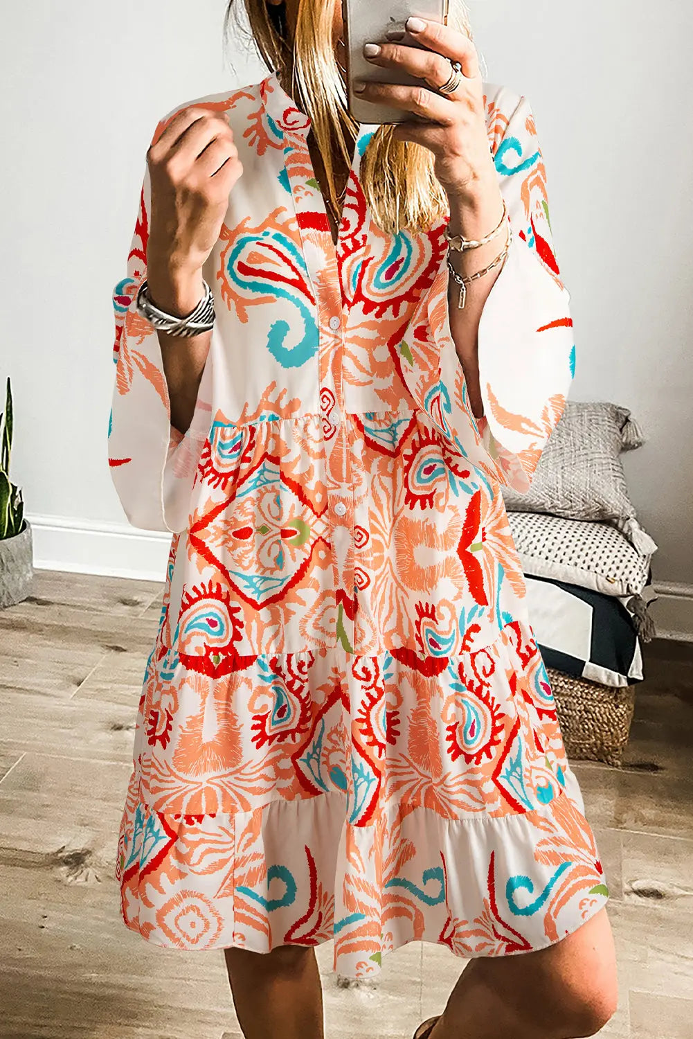 Orange Boho Paisley Print Bracelet Sleeve Mini Dress - eAura