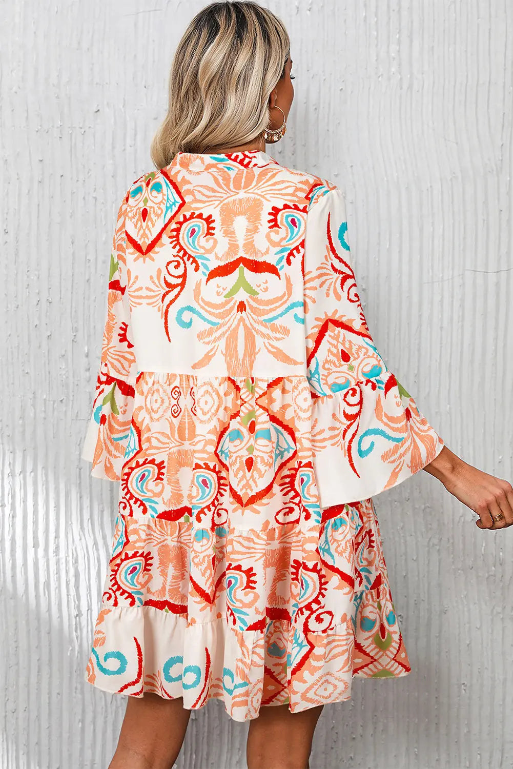 Orange Boho Paisley Print Bracelet Sleeve Mini Dress - Dresses/Mini Dresses