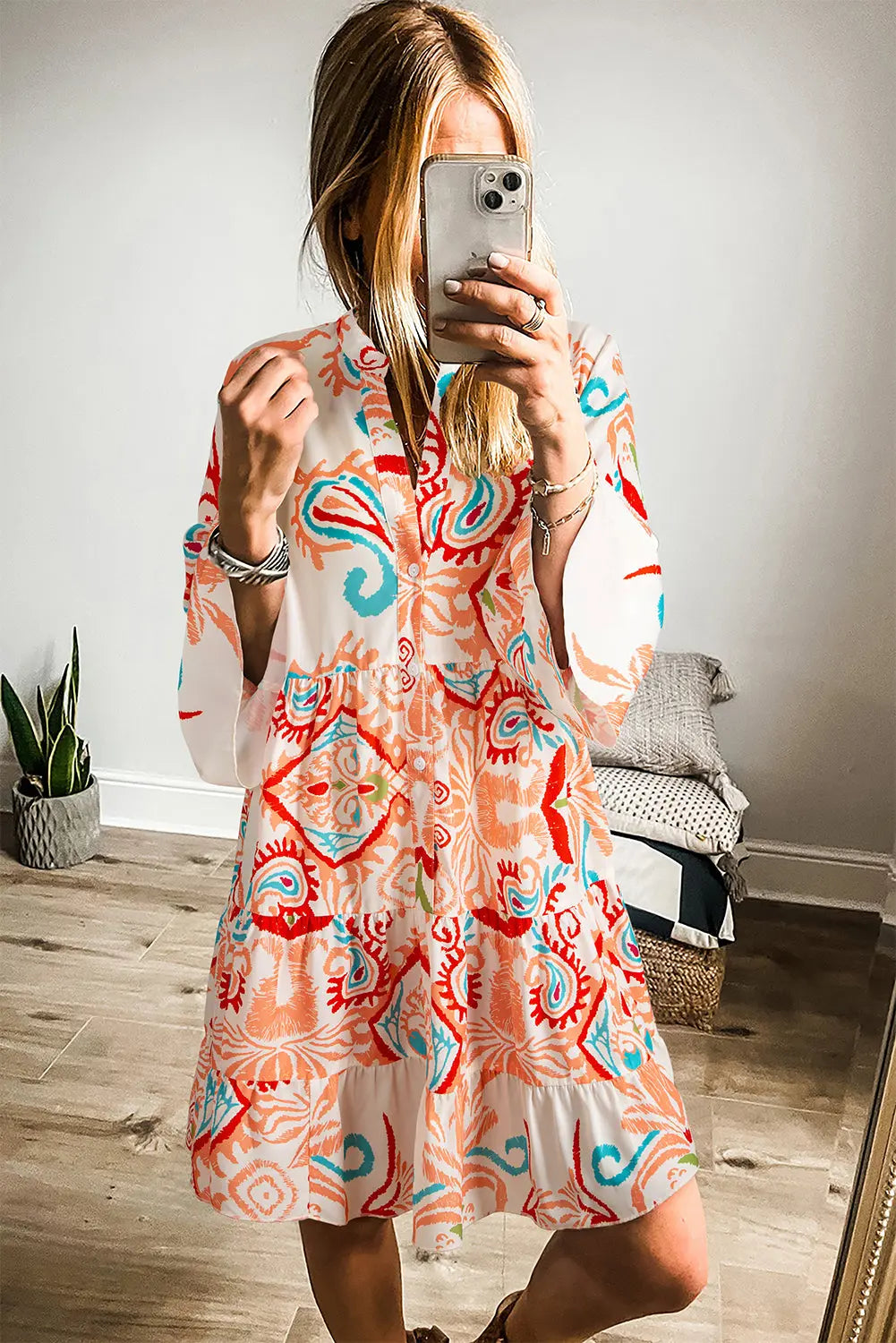Orange Boho Paisley Print Bracelet Sleeve Mini Dress - Dresses/Mini Dresses