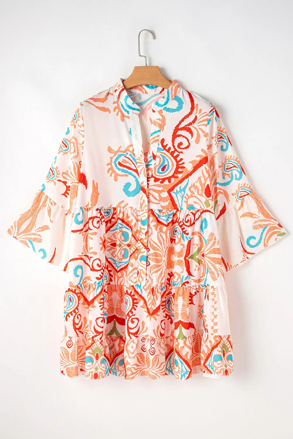 Orange Boho Paisley Print Bracelet Sleeve Mini Dress - Dresses/Mini Dresses