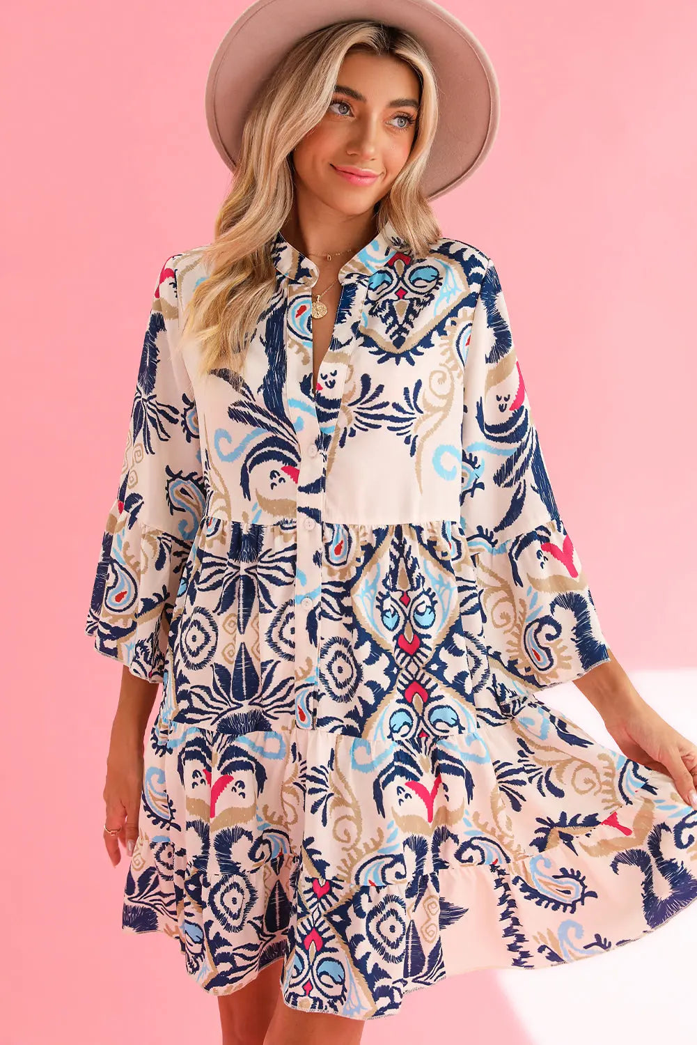 Orange Boho Paisley Print Bracelet Sleeve Mini Dress - Dresses/Mini Dresses