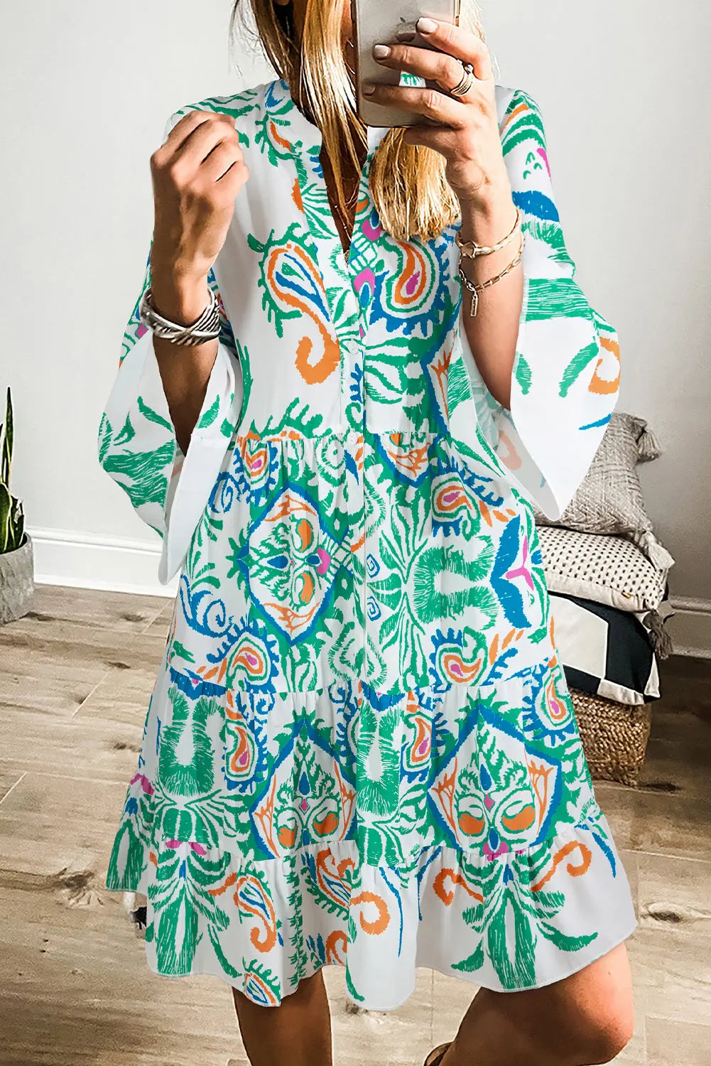 Orange Boho Paisley Print Bracelet Sleeve Mini Dress - Dresses/Mini Dresses