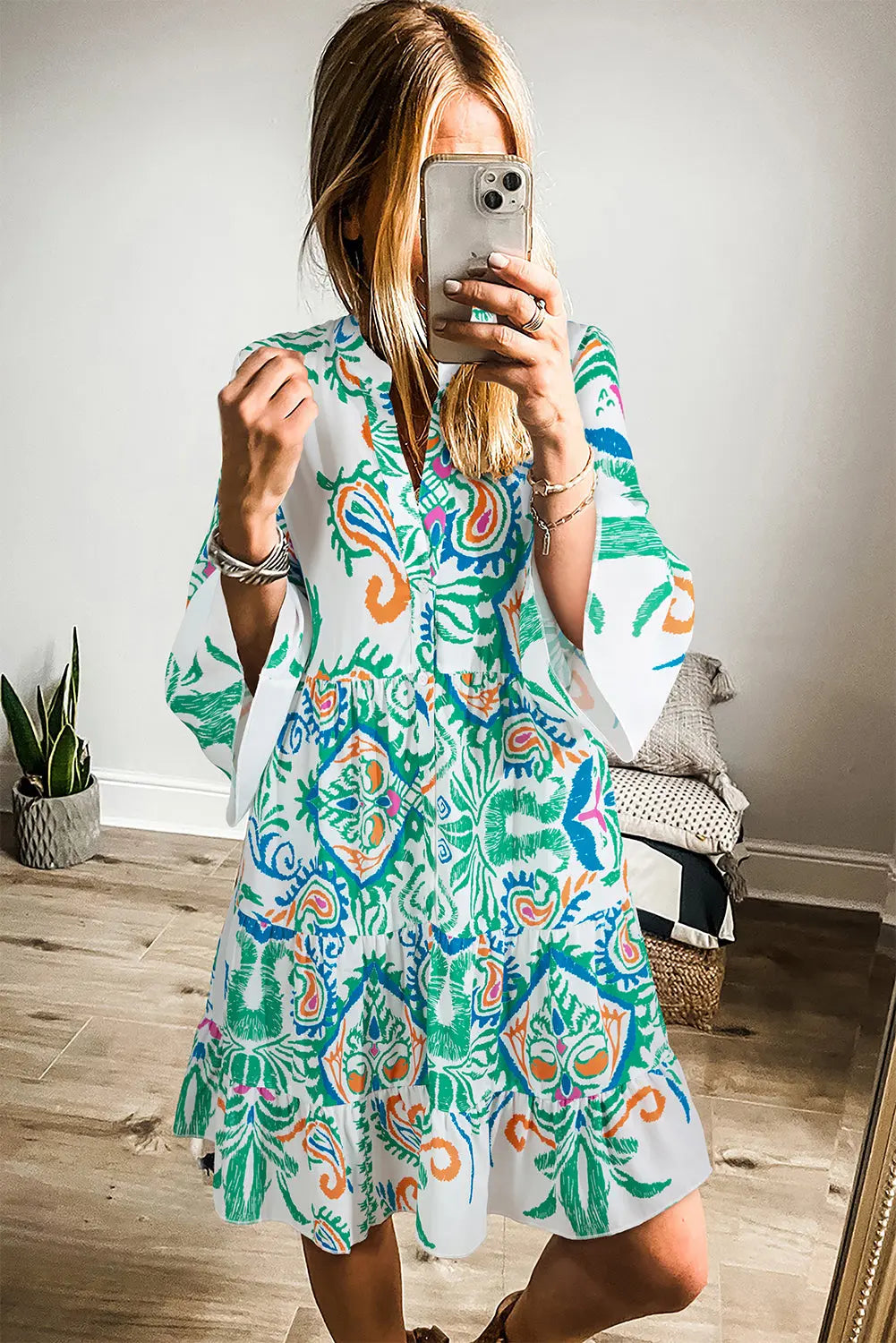 Orange Boho Paisley Print Bracelet Sleeve Mini Dress - Dresses/Mini Dresses