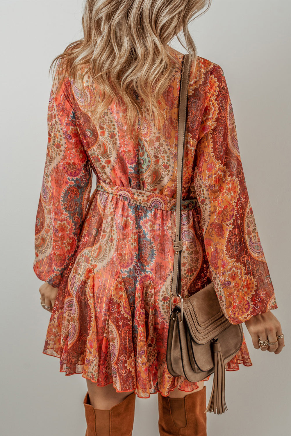 Orange Boho Paisley Print Long Sleeve Pleated Belted Mini Dress - eAura