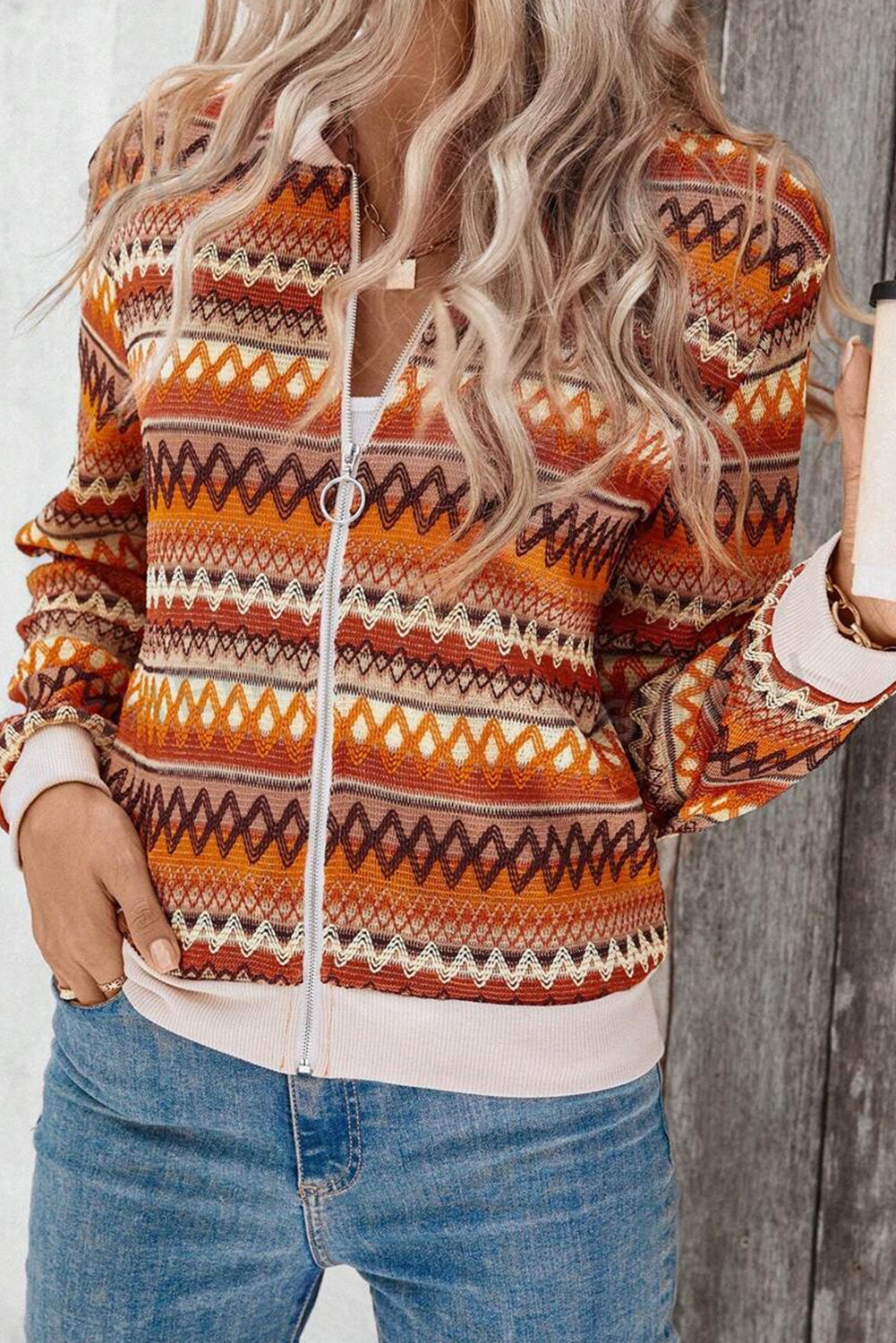 Orange Boho Striped Zip Up Long Sleeve Jacket - eAura
