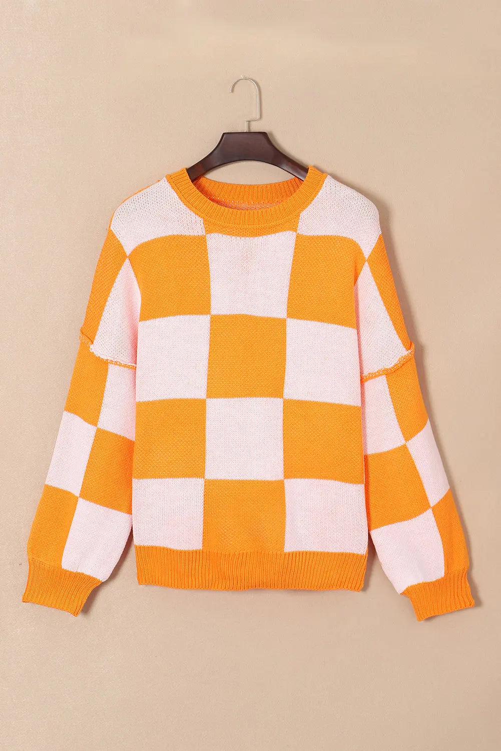 Orange Checkered Bishop Sleeve Sweater - eAura