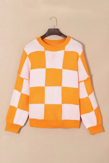 Orange Checkered Bishop Sleeve Sweater - eAura