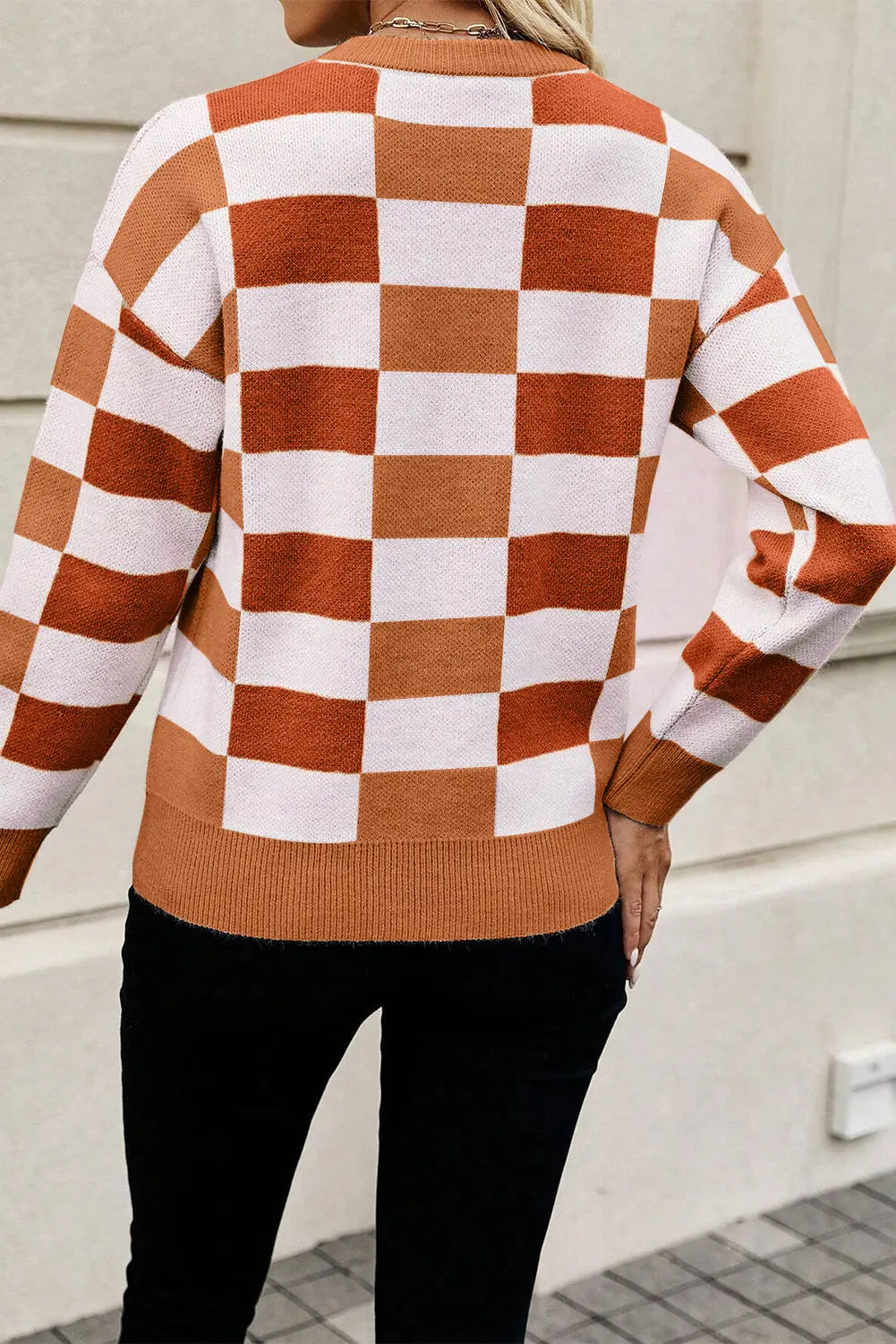 Orange Checkered Ribbed Edge O Neck Drop Shoulder Sweater Beagle Boutique Fashion Outlet