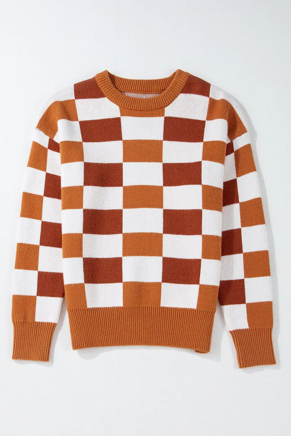 Orange Checkered Ribbed Edge O Neck Drop Shoulder Sweater Beagle Boutique Fashion Outlet