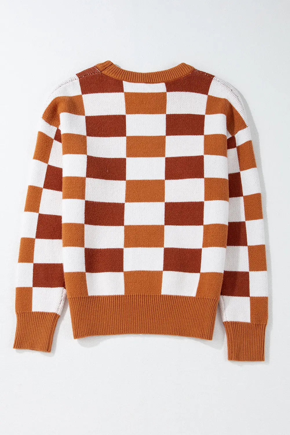 Orange Checkered Ribbed Edge O Neck Drop Shoulder Sweater Beagle Boutique Fashion Outlet