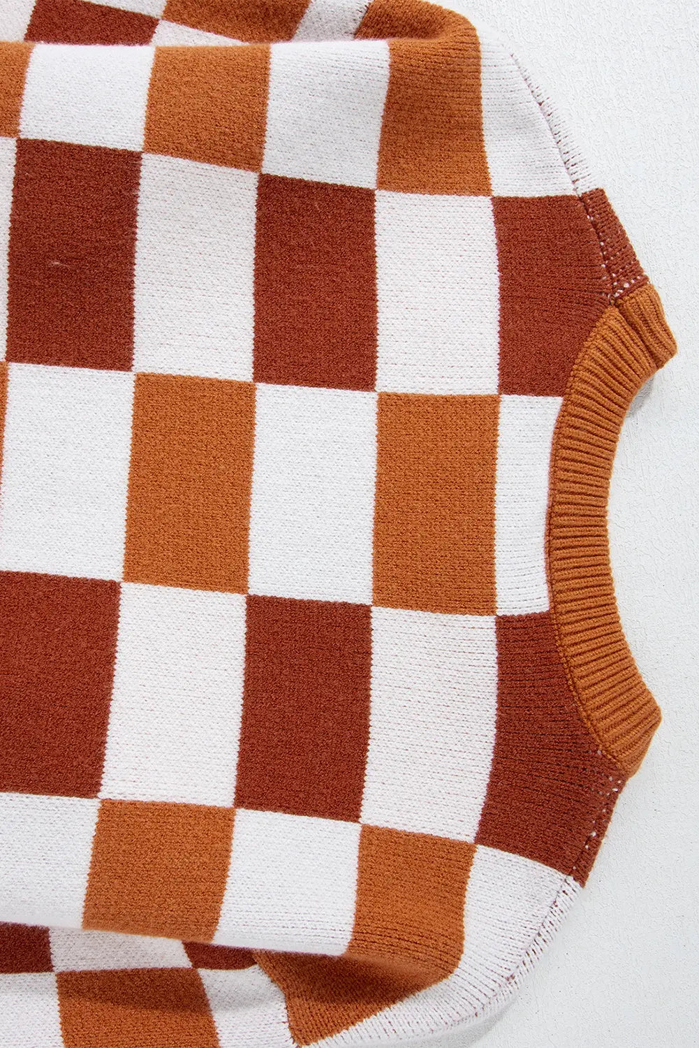 Orange Checkered Ribbed Edge O Neck Drop Shoulder Sweater Beagle Boutique Fashion Outlet