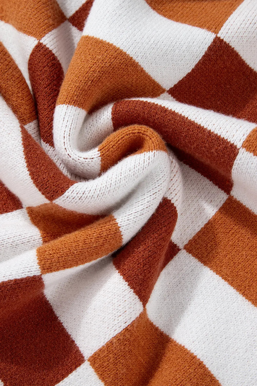 Orange Checkered Ribbed Edge O Neck Drop Shoulder Sweater Beagle Boutique Fashion Outlet