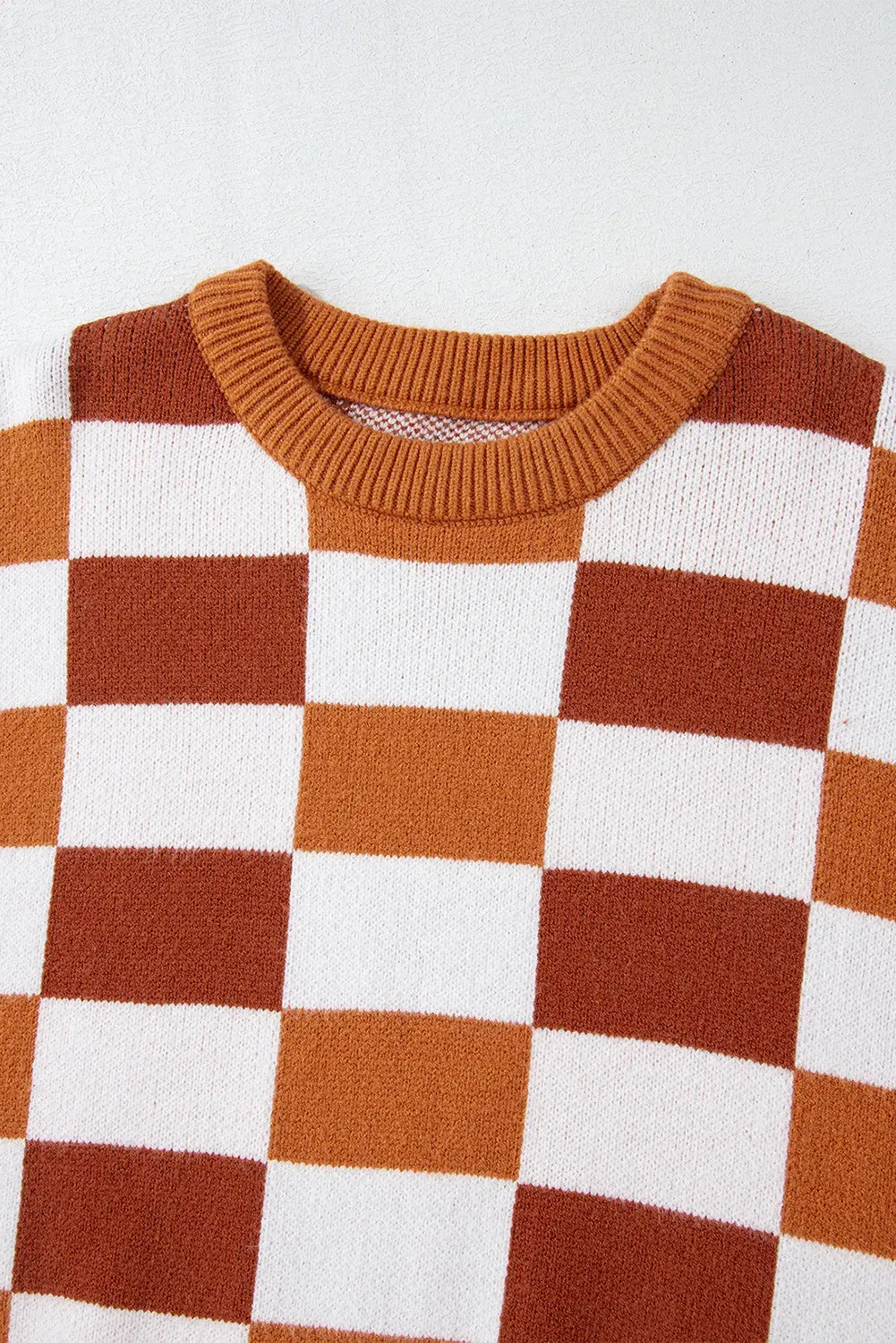 Orange Checkered Ribbed Edge O Neck Drop Shoulder Sweater Beagle Boutique Fashion Outlet