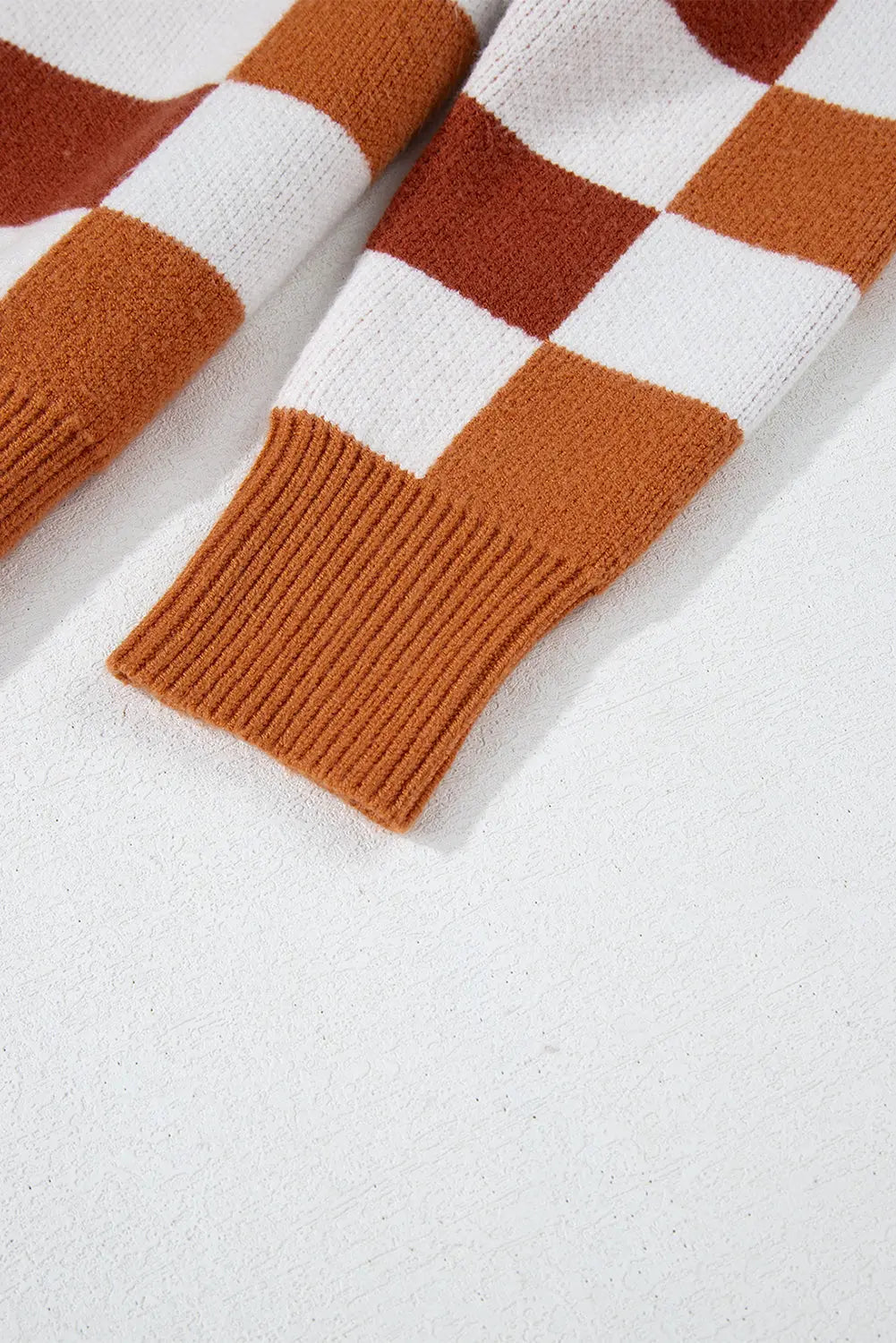 Orange Checkered Ribbed Edge O Neck Drop Shoulder Sweater Beagle Boutique Fashion Outlet