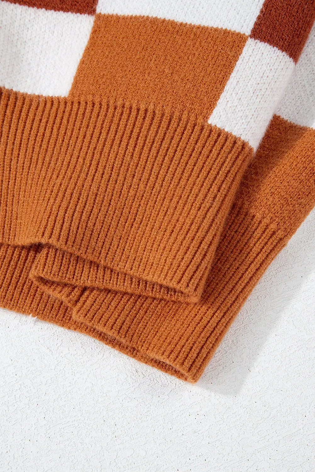 Orange Checkered Ribbed Edge O Neck Drop Shoulder Sweater Beagle Boutique Fashion Outlet