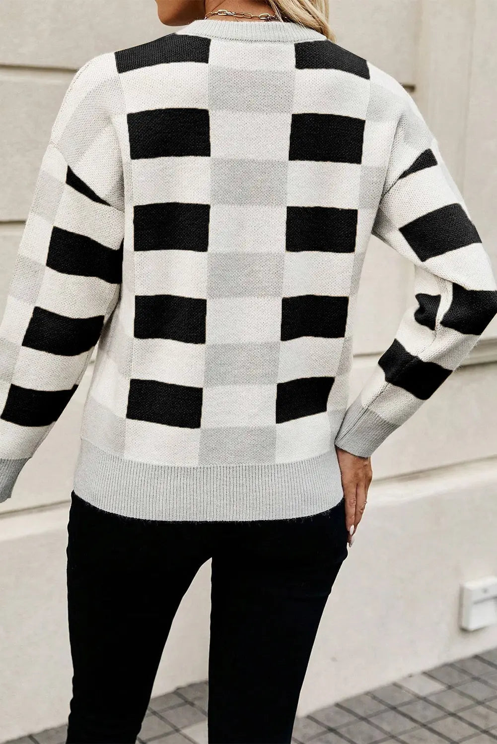 Orange Checkered Ribbed Edge O Neck Drop Shoulder Sweater Beagle Boutique Fashion Outlet