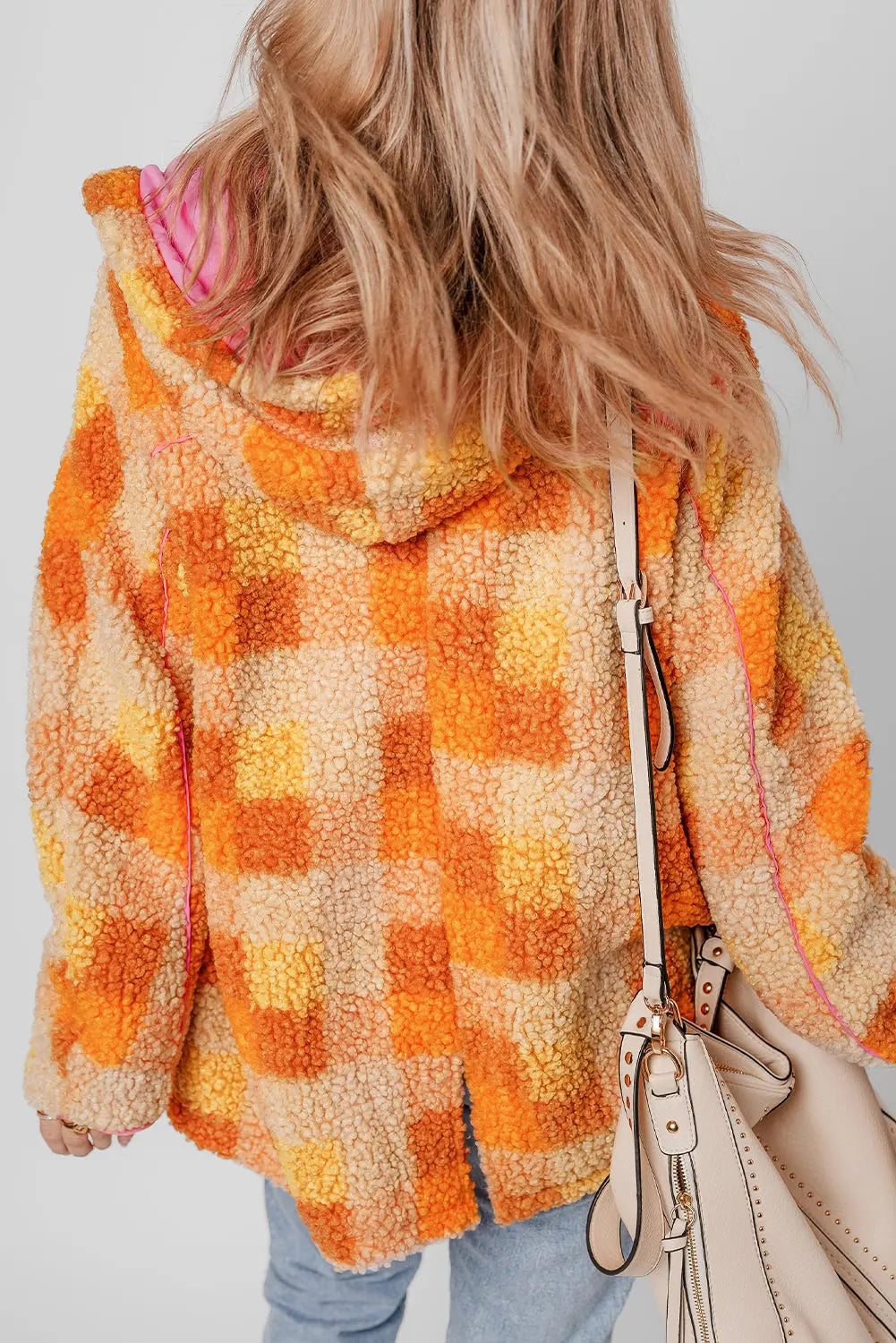 Orange Checkered Sherpa Hooded Jacket - eAura