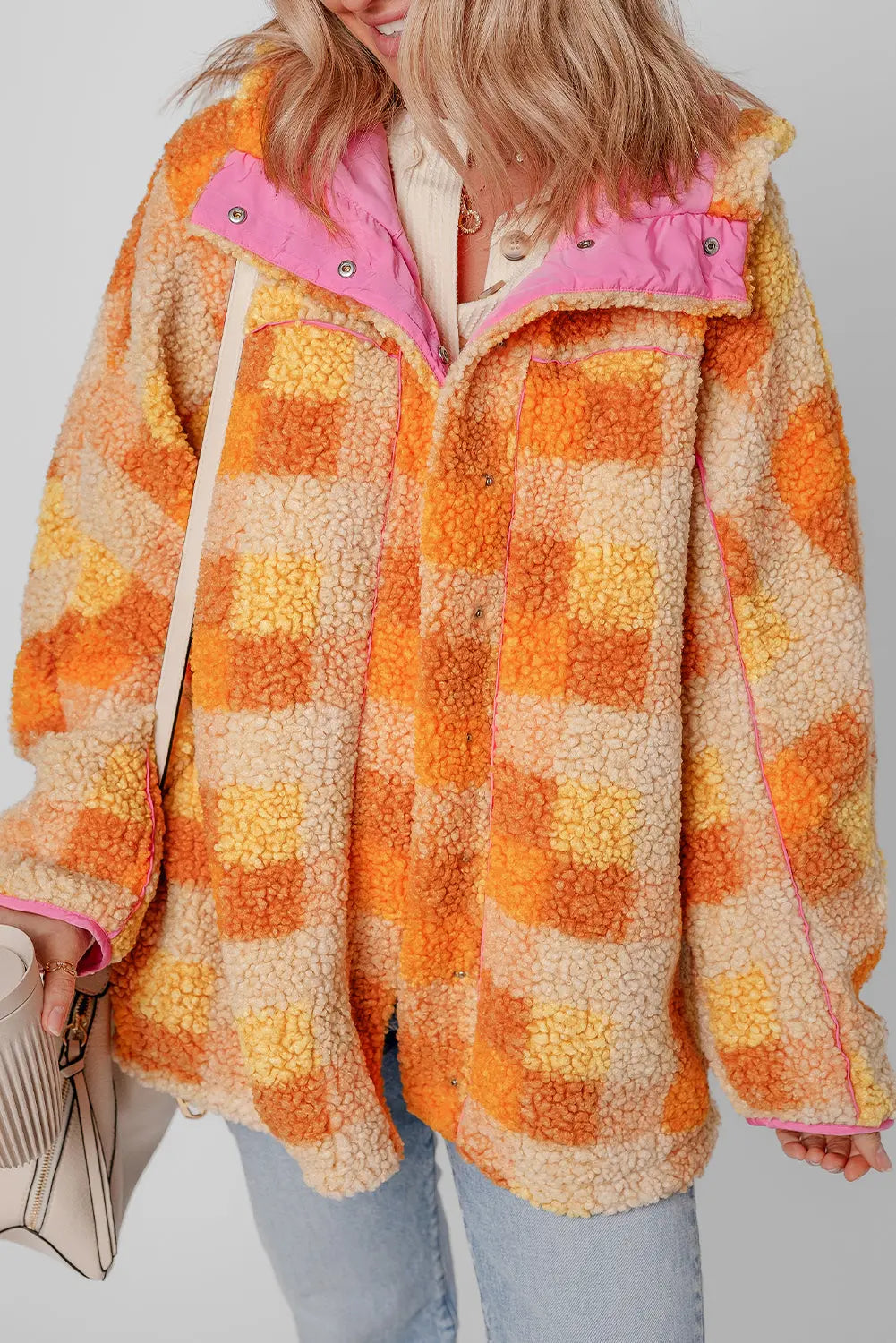 Orange Checkered Sherpa Hooded Jacket - eAura