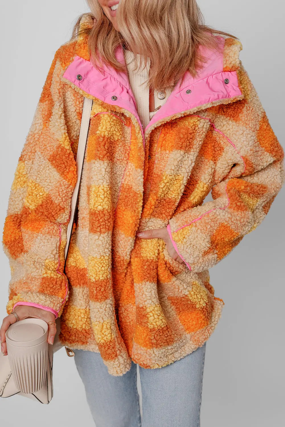 Orange Checkered Sherpa Hooded Jacket - eAura
