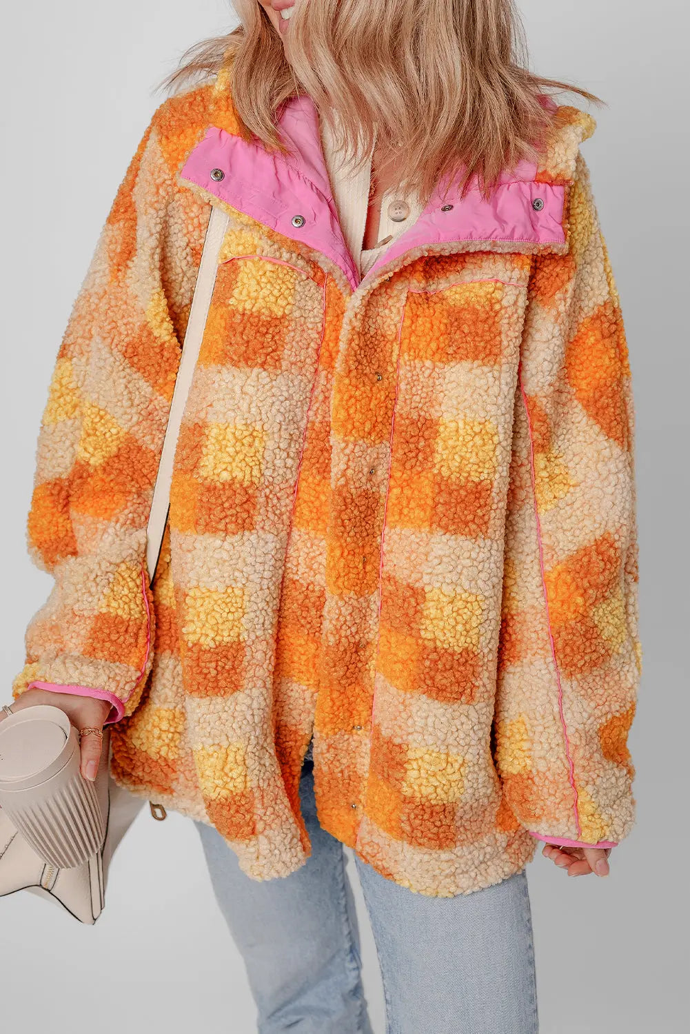 Orange Checkered Sherpa Hooded Jacket - eAura