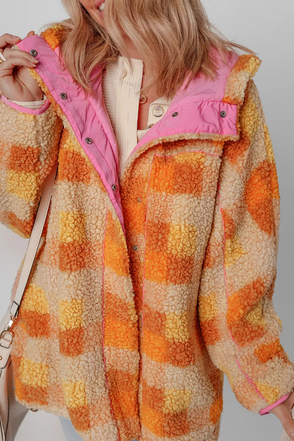 Orange Checkered Sherpa Hooded Jacket - eAura