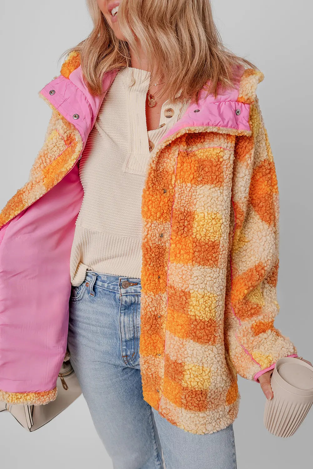 Orange Checkered Sherpa Hooded Jacket - eAura