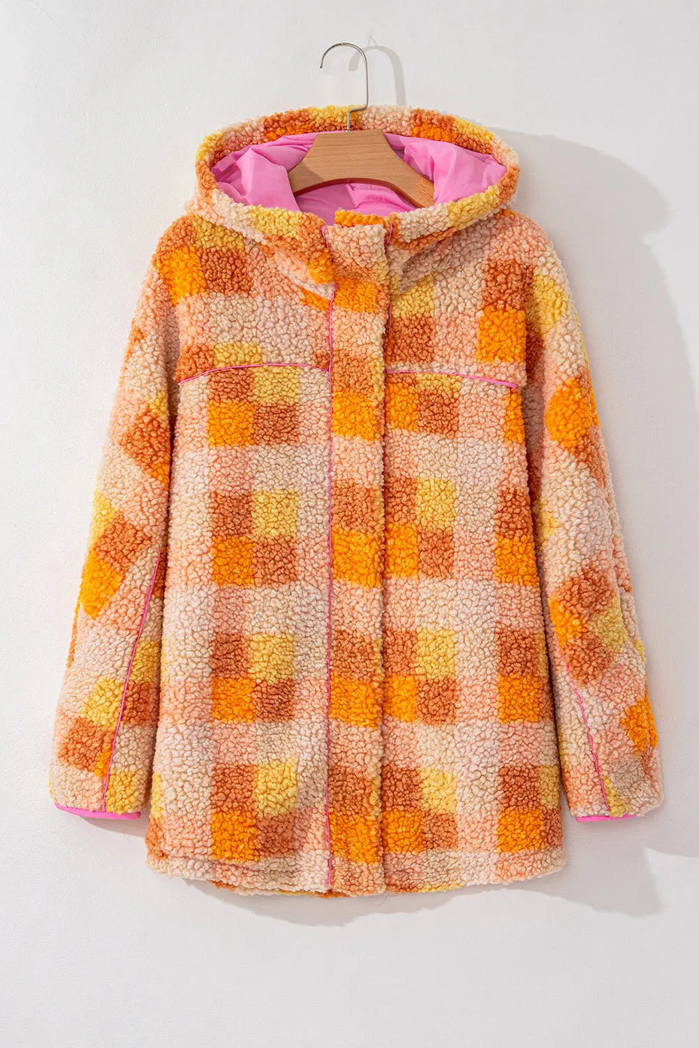Orange Checkered Sherpa Hooded Jacket - eAura