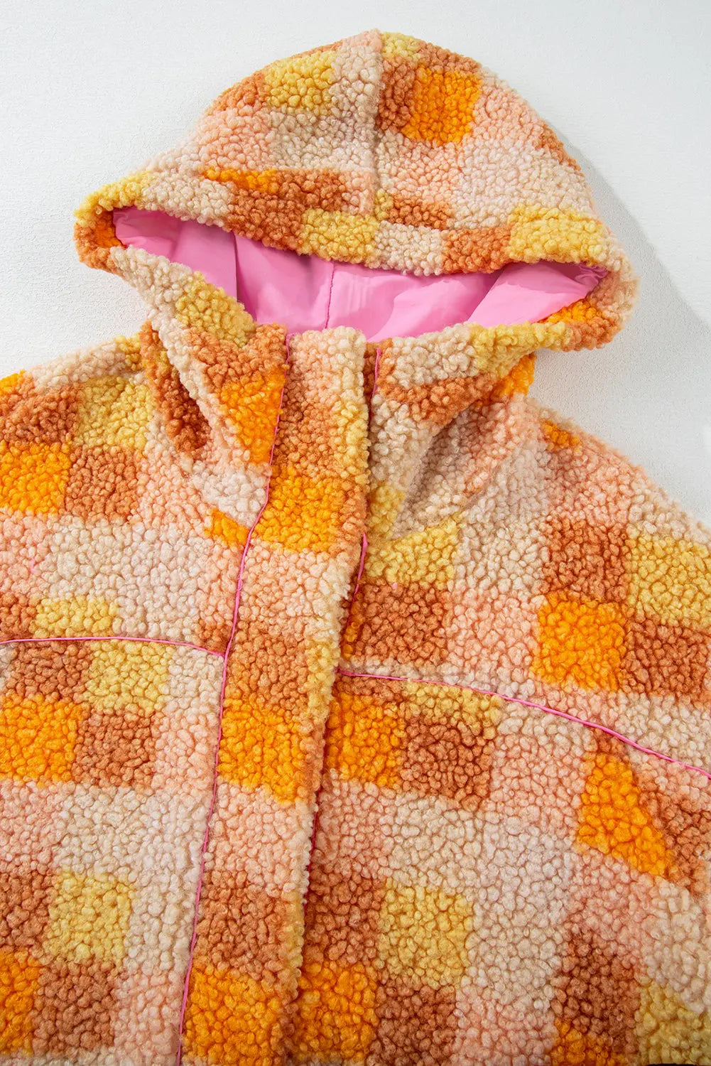 Orange Checkered Sherpa Hooded Jacket - eAura