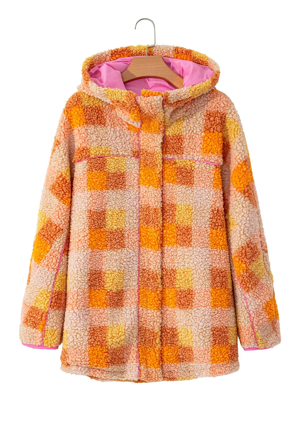 Orange Checkered Sherpa Hooded Jacket - eAura