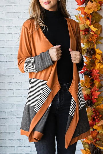 Orange Colorblock Striped Patchwork Open Cardigan - eAura