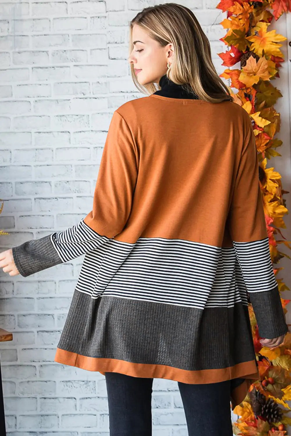 Orange Colorblock Striped Patchwork Open Cardigan - eAura