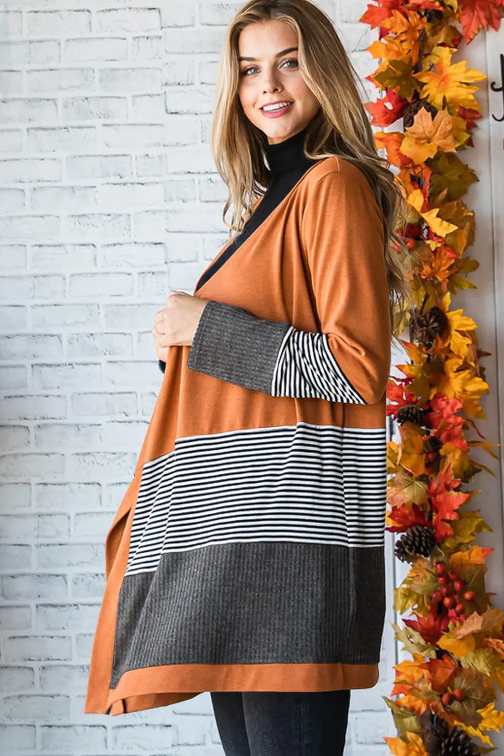 Orange Colorblock Striped Patchwork Open Cardigan - eAura