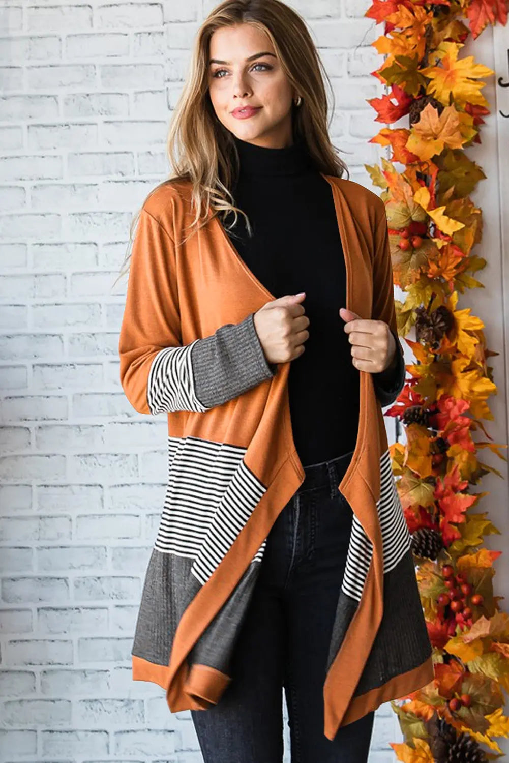 Orange Colorblock Striped Patchwork Open Cardigan - eAura