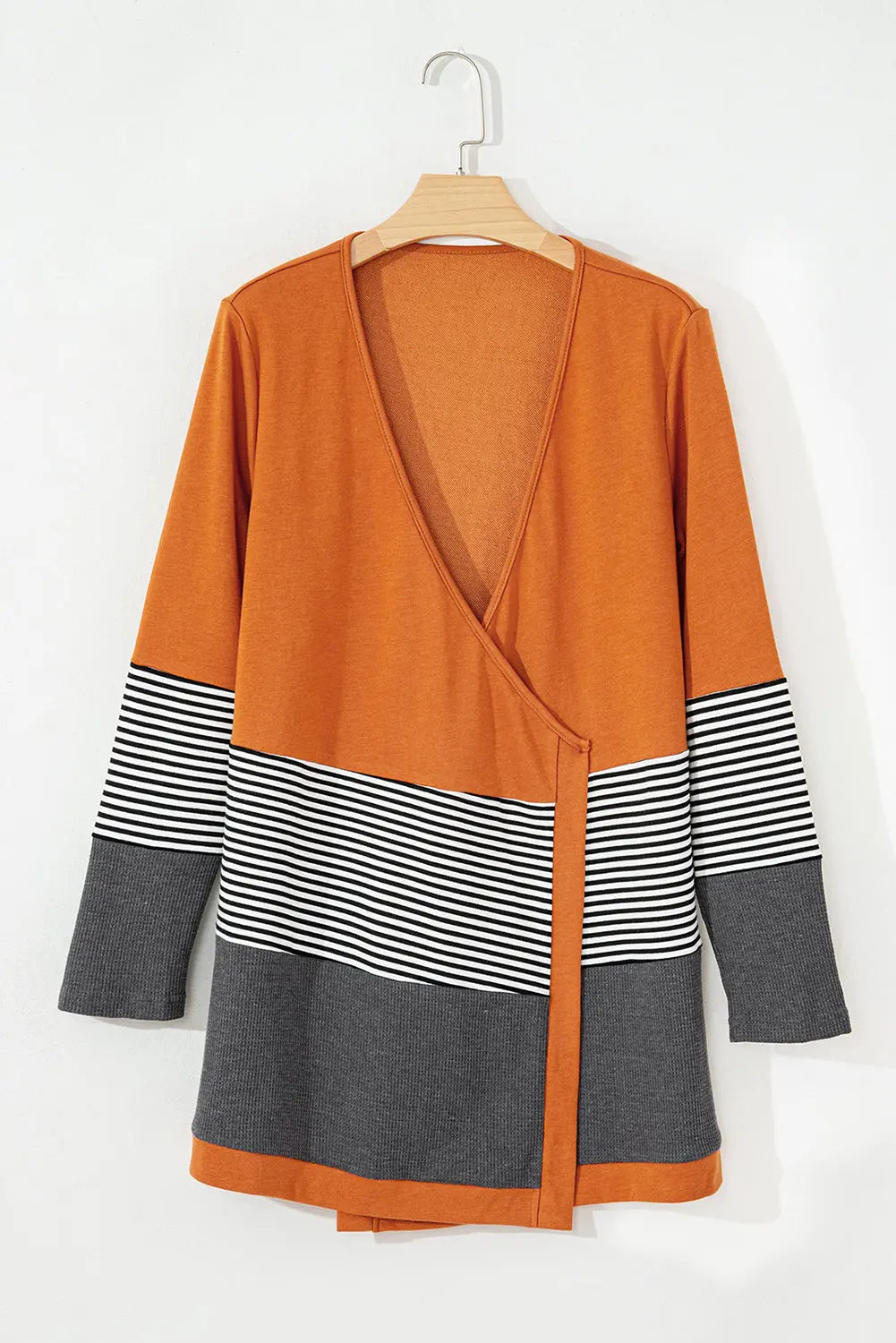 Orange Colorblock Striped Patchwork Open Cardigan - eAura