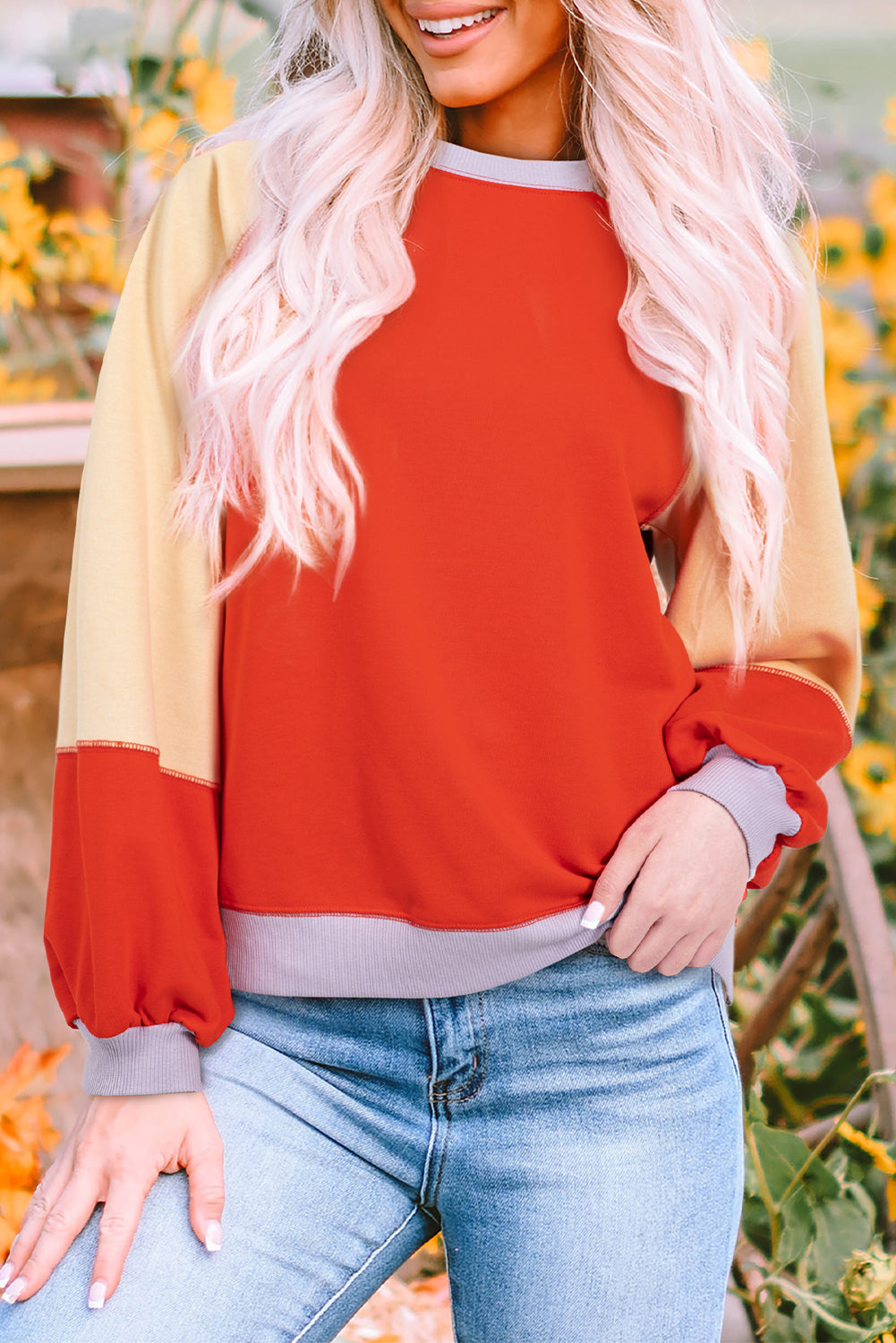 Orange Colour Block Side Slits Raglan Sleeve Loose Fit Top - eAura