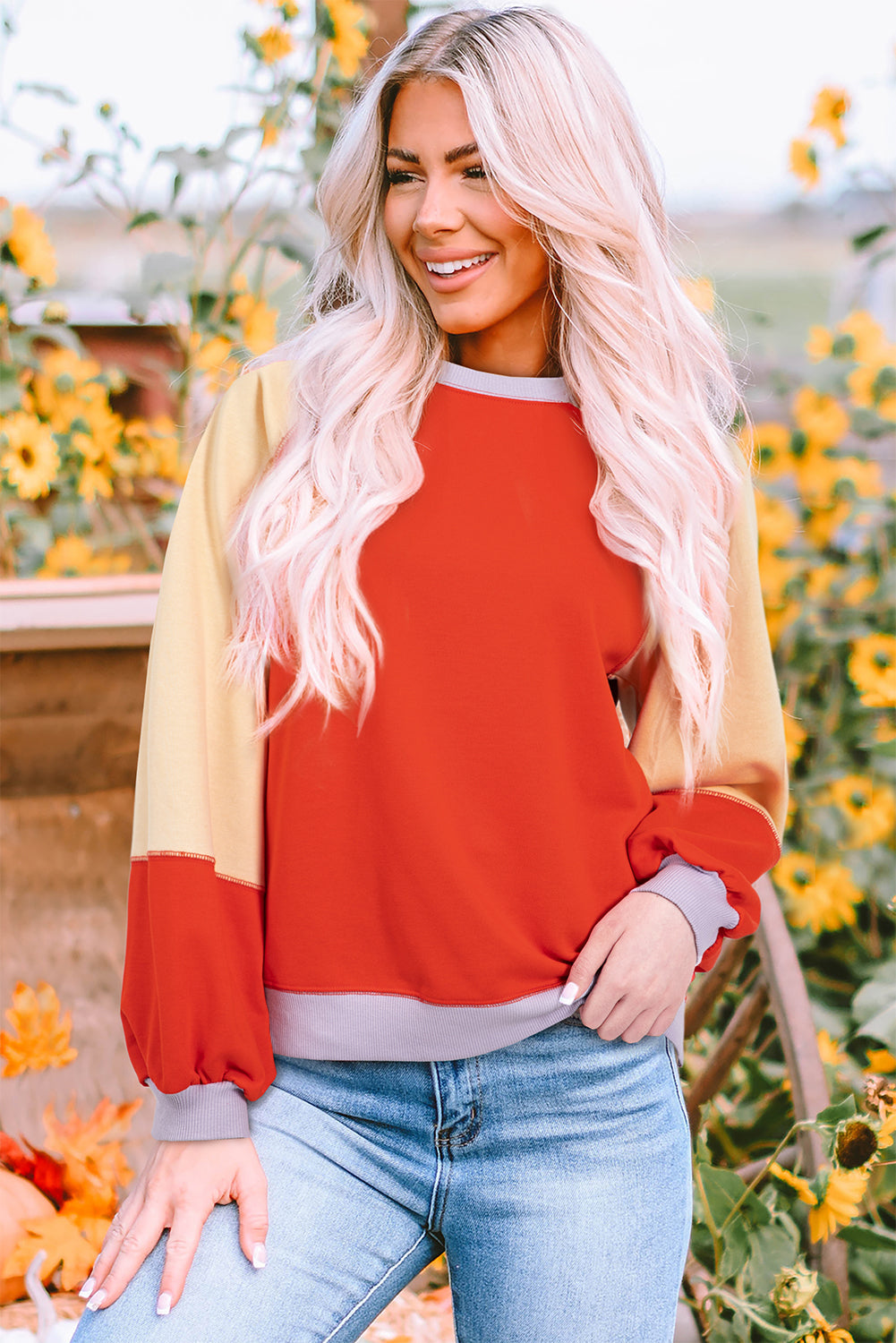Orange Colour Block Side Slits Raglan Sleeve Loose Fit Top - eAura