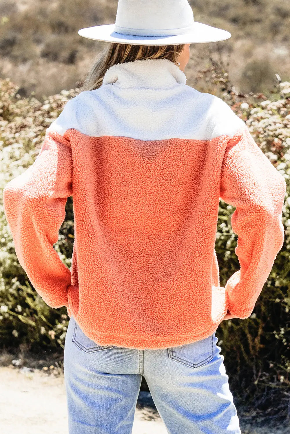 Orange Colourblock Half Zipper Stand Neck Sherpa Sweatshirt Beagle Boutique Fashion Outlet