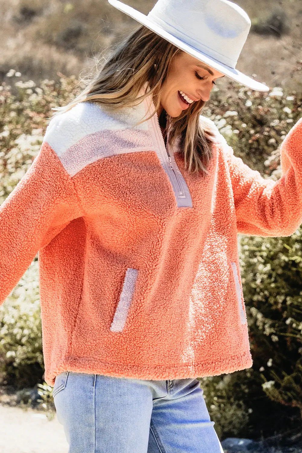 Orange Colourblock Half Zipper Stand Neck Sherpa Sweatshirt Beagle Boutique Fashion Outlet