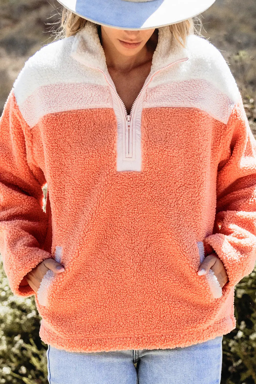 Orange Colourblock Half Zipper Stand Neck Sherpa Sweatshirt Beagle Boutique Fashion Outlet
