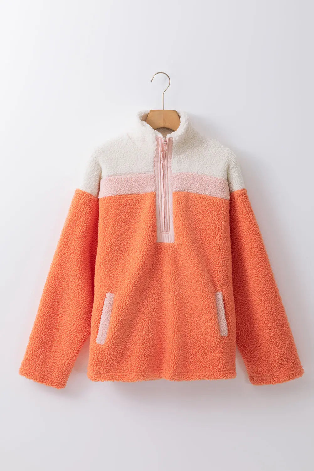 Orange Colourblock Half Zipper Stand Neck Sherpa Sweatshirt Beagle Boutique Fashion Outlet