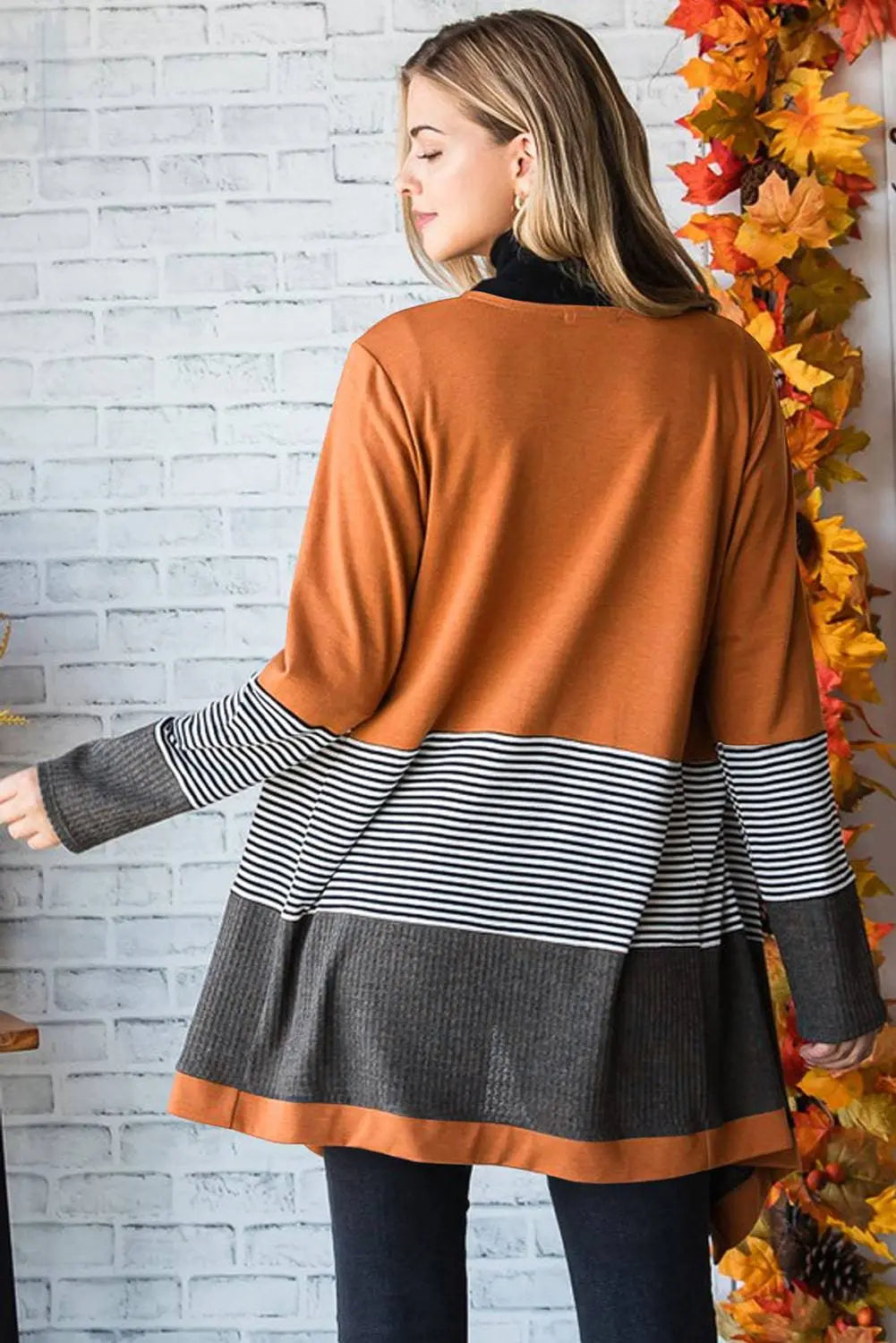 Orange Colourblock Striped Patchwork Open Cardigan - BB Fashion Outlet