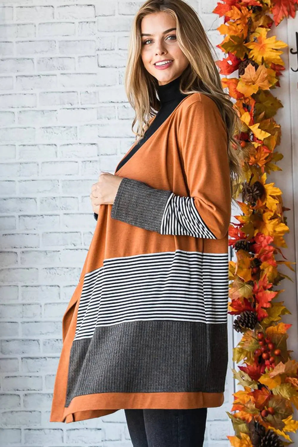 Orange Colourblock Striped Patchwork Open Cardigan - BB Fashion Outlet