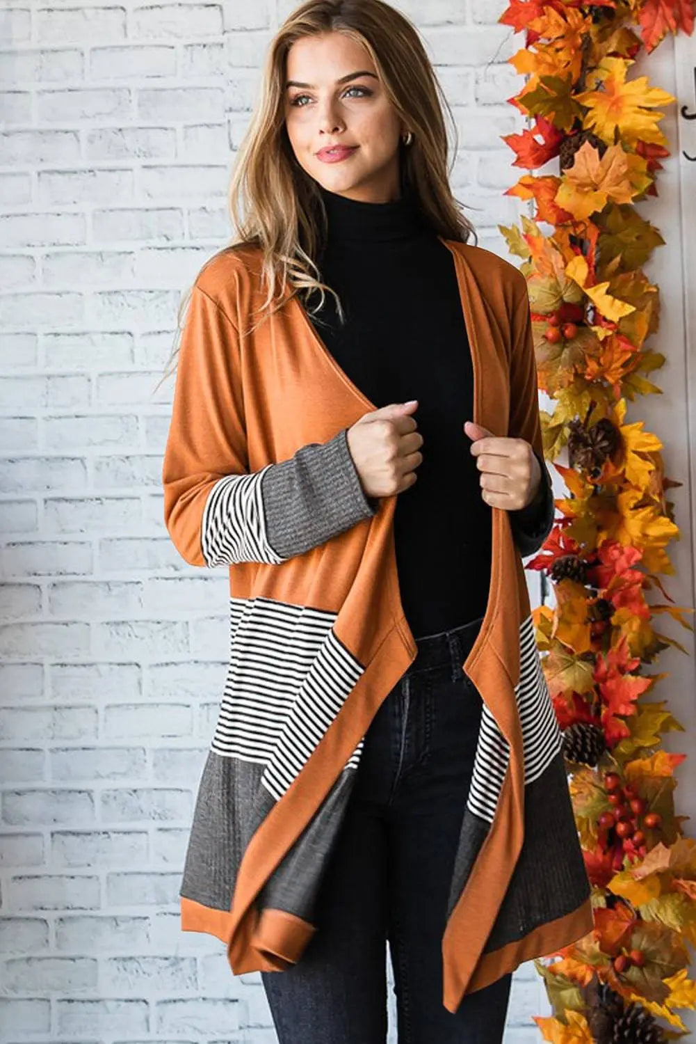 Orange Colourblock Striped Patchwork Open Cardigan - BB Fashion Outlet