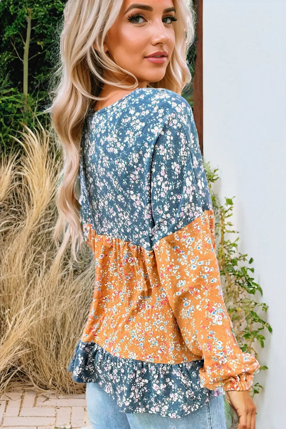 Orange Floral Colour Block Ruffled Hem Round Neck Blouse Beagle Boutique Fashion Outlet
