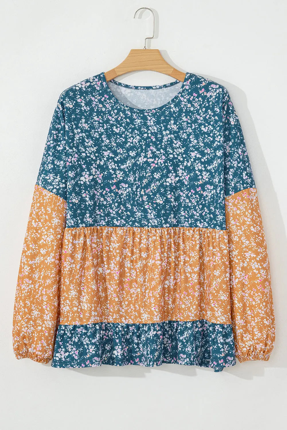 Orange Floral Colour Block Ruffled Hem Round Neck Blouse Beagle Boutique Fashion Outlet