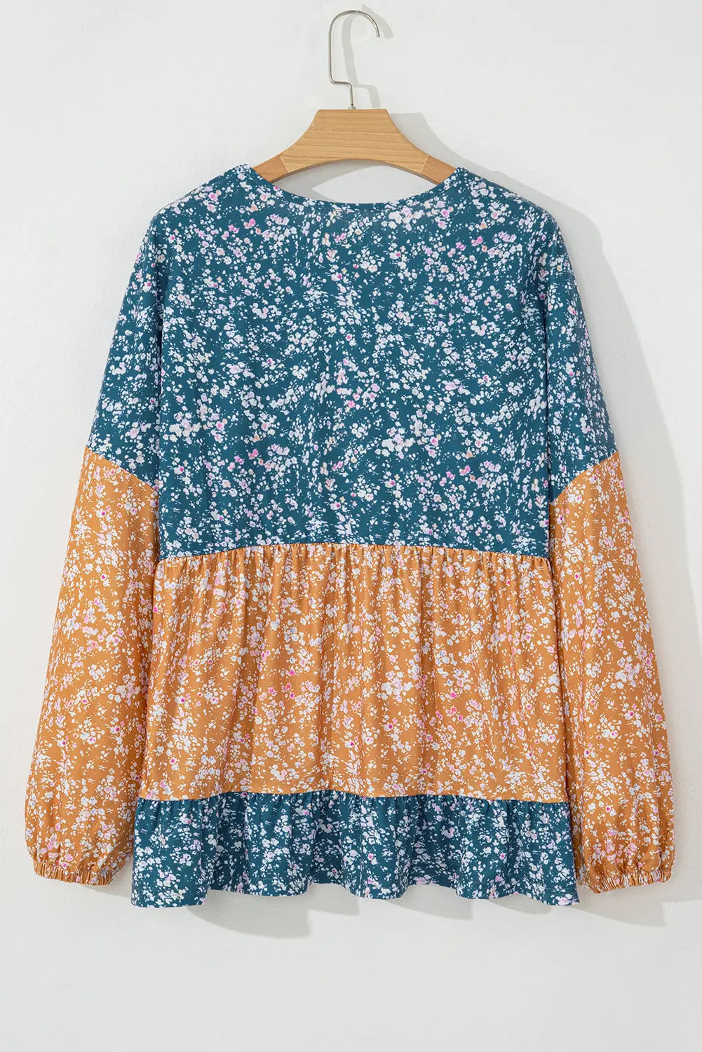 Orange Floral Colour Block Ruffled Hem Round Neck Blouse Beagle Boutique Fashion Outlet