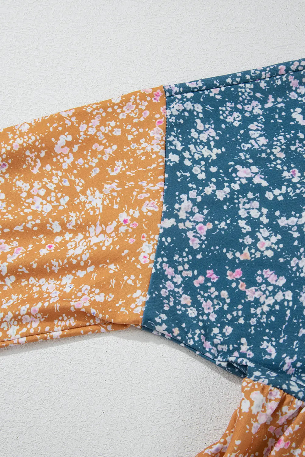 Orange Floral Colour Block Ruffled Hem Round Neck Blouse Beagle Boutique Fashion Outlet