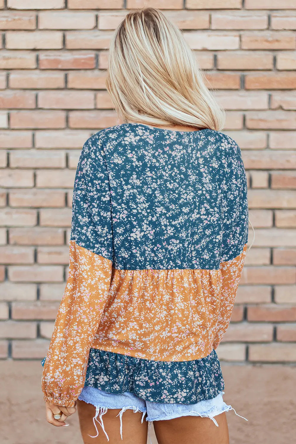 Orange Floral Colour Block Ruffled Hem Round Neck Blouse Beagle Boutique Fashion Outlet