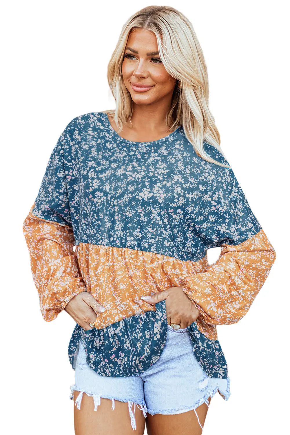 Orange Floral Colour Block Ruffled Hem Round Neck Blouse Beagle Boutique Fashion Outlet